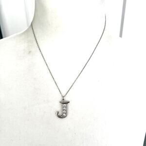 J Initial Rhinestone Studded Adjustable Pendant Necklace on Silver Tone Chain